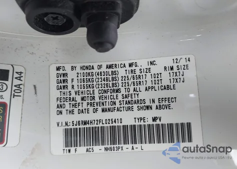 2015 Honda Cr-V Ex-L z USA, uszkodzony, nr VIN 5J6RM4H72FL025410